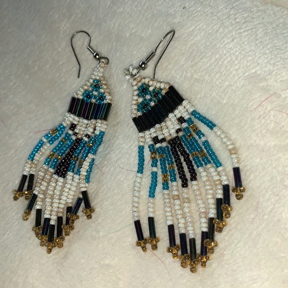 True vintage hand beaded native fringe earrings turquoise teal - Picture 6 of 9